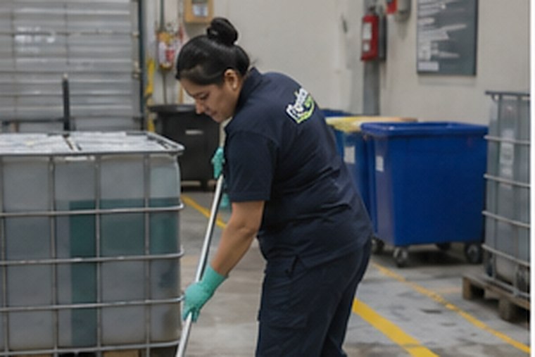 Auxiliar de Mantiene lavando el piso de una nave industrial