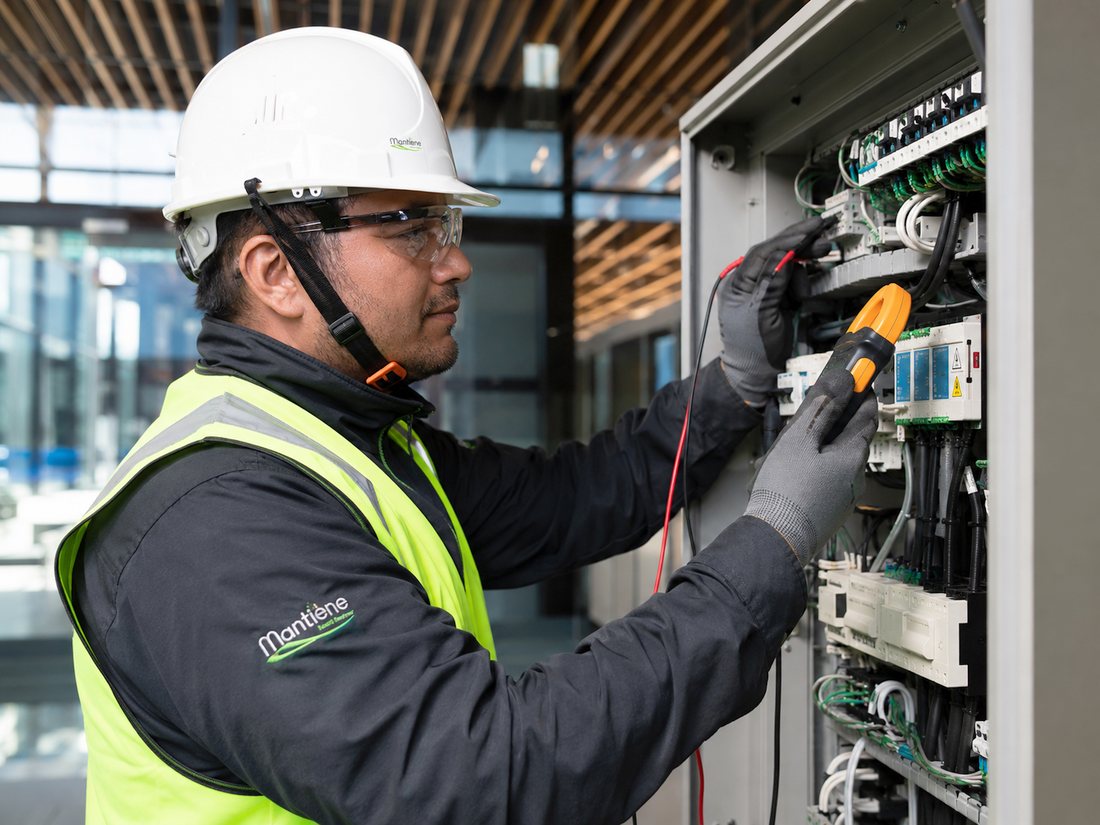 Técnico de Mantiene midiendo en un tablero eléctrico