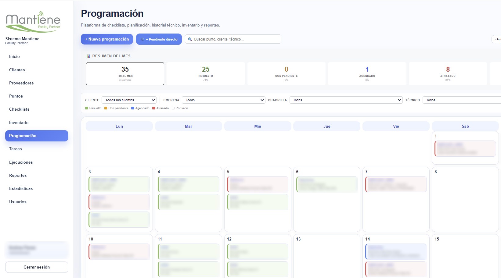 Plataforma de programación de Mantiene: calendario mensual de visitas, cumplimiento del período y estado de cada servicio